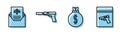 Set line Money bag, Subpoena, Pistol or gun with silencer and Evidence bag and pistol or gun icon. Vector