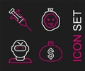 Set line Money bag, Thief mask, Murder and Syringe icon. Vector Royalty Free Stock Photo