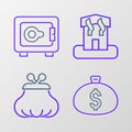 Set line Money bag, Wallet, Arson home and Safe icon. Vector