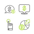Set line Money and diagram graph, Hand touch tap gesture, Speech bubble with dollar and icon. Vector Royalty Free Stock Photo