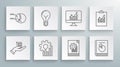 Set line Money on hand, Light bulb with concept of idea, Pie chart infographic, Document, User manual, Computer monitor