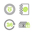 Set line Money with lock, Clock 24 hours, Address book and Coin money Yen symbol icon. Vector Royalty Free Stock Photo