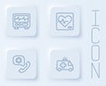 Set line Monitor with cardiogram, Heart rate, Emergency call 911 and Ambulance. White square button. Vector Royalty Free Stock Photo