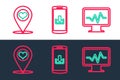 Set line Monitor with cardiogram, Map pointer heart and Smartphone download icon. Vector