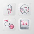 Set line Monitor with cardiogram, Orange fruit, Man excessive sweating and Hand psoriasis eczema icon. Vector