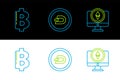 Set line Monitor and Cryptocurrency coin Ethereum ETH, Bitcoin and Dash icon. Vector