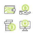 Set line Monitor and Cryptocurrency coin Ethereum ETH, Bitcoin, Hand holding and wallet icon. Vector