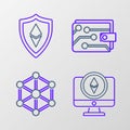 Set line Monitor and Cryptocurrency coin Ethereum ETH, Blockchain technology, wallet and Shield icon. Vector
