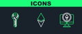 Set line Monitor and Cryptocurrency coin Ethereum ETH, key and icon. Vector