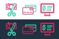 Set line Monitor with dollar, Scissors cutting money and Credit card icon. Vector