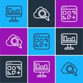 Set line Monitor with graph chart, Different files and Search cloud computing icon. Vector