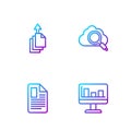 Set line Monitor with graph chart, File document, Data export and Search cloud computing. Gradient color icons. Vector Royalty Free Stock Photo