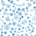 Set line Monitor with graph chart, Identification badge and Graph, chart, diagram, infographic on seamless pattern