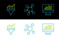 Set line Monitor with graph chart, Sales funnel and Project team base icon. Vector