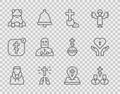 Set line Monk, Priest, Christian cross, Hands in praying position, Knight crusader, Location church building and