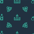 Set line Montjuic castle, Olives plate and Apple cider bottle on seamless pattern. Vector