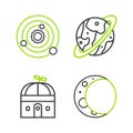 Set line Moon, Astronomical observatory, Space capsule and parachute and Solar system icon. Vector