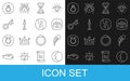 Set line Moon, Feather pen, Masons, Old hourglass with sand, Burning candle, key, Mars and Yin Yang icon. Vector