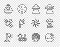 Set line Moon with flag, Planet, UFO flying spaceship, Mars rover, Space capsule, Satellite dish, Radar and icon. Vector Royalty Free Stock Photo