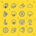Set line Moon, Location cloud, Cloud with rain, moon, Meteorology thermometer, snow and sun and Kelvin icon. Vector