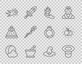 Set line Moon and stars, Magic hat, Hand holding fire, Mortar pestle, Fireball, staff, Witch and Poison apple icon Royalty Free Stock Photo