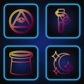 Set line Moon and stars, Magician hat, Masons and Bottle with love potion. Gradient color icons. Vector