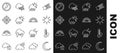 Set line Moon and stars, Thermometer, Sun, Cloud with rain sun, Snowflake, Wind rose and Rainbow clouds icon. Vector Royalty Free Stock Photo