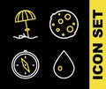 Set line Moon, Water drop, Compass and Sun protective umbrella for beach icon. Vector Royalty Free Stock Photo