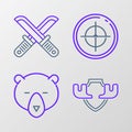 Set line Moose horns on shield, Bear head, Target sport for shooting competition and Crossed hunter knife icon. Vector