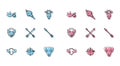 Set line Moose horns on shield, Hunt duck with crosshairs, Hunting dog, Crossed arrows, Hipster, head and tip icon