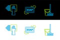 Set line Mop and bucket, Cleaning service and Bar of soap with foam icon. Vector