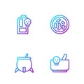 Set line Mortar and pestle, Witch cauldron, Beaker with toxic liquid and Petri dish bacteria. Gradient color icons
