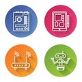 Set line Motherboard, Graphic tablet, Router and wi-fi signal and Robot. Color circle button. Vector