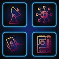 Set line Motherboard, Wireless charger, Radar and Social network. Gradient color icons. Vector