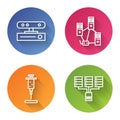 Set line Motion sensor, Computer network, Syringe and Server, Data, Web Hosting. Color circle button. Vector Royalty Free Stock Photo