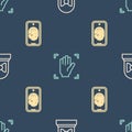 Set line Motion sensor, Mobile with fingerprint scan and Palm recognition on seamless pattern. Vector Royalty Free Stock Photo