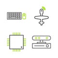 Set line Motion sensor, Processor with microcircuits CPU, UAV Drone and Keyboard and mouse icon. Vector Royalty Free Stock Photo
