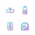 Set line Motor gas gauge, Car key with remote, mirror and Canister for motor machine oil. Gradient color icons. Vector