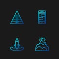 Set line Mountains with flag, Rocket, Pyramid chart infographics and Chat messages on phone. Gradient color icons Royalty Free Stock Photo