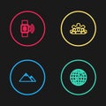 Set line Mountains, Globe with flying plane, Project team base and Contactless payment icon. Vector