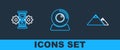 Set line Mountains, Hourglass and gear and Web camera icon. Vector Royalty Free Stock Photo