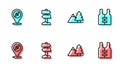 Set line Mountains with tree, Compass, Road traffic signpost and Life jacket icon. Vector