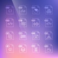 Set line MOV file document, OBJ, PHP, PPT, PNG, HTML, CSS and WAV icon. Vector Royalty Free Stock Photo