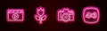 Set line Movie clapper, Photo mode macro, camera and frame 4. Glowing neon icon. Vector Royalty Free Stock Photo