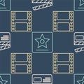 Set line Movie clapper, Play Video and Hollywood walk of fame star on seamless pattern. Vector