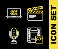 Set line Movie clapper, Play Video, Microphone and Laptop with 8k icon. Vector