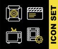 Set line Movie clapper, Play Video, Retro tv and spotlight icon. Vector