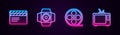 Set line Movie clapper, spotlight, Film reel and Retro tv. Glowing neon icon. Vector