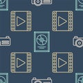 Set line Movie, film, media projector, Play Video and CD disk award in frame on seamless pattern. Vector...