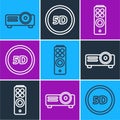 Set line Movie, film, media projector, Remote control and 5d virtual reality icon. Vector Royalty Free Stock Photo